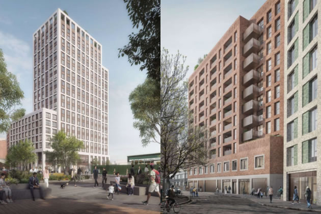CGI of the Colville Road student block (left) and the Bollo yard residential building (right) 