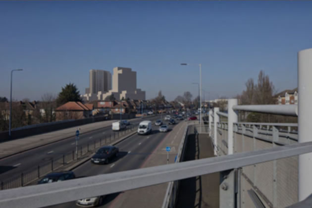 View from the footbridge over the A40 further east of designs submitted in 2019