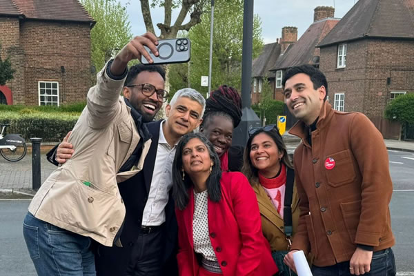 Sadiq Khan poses for selfies with Rupa Huq MP, councillors and activists