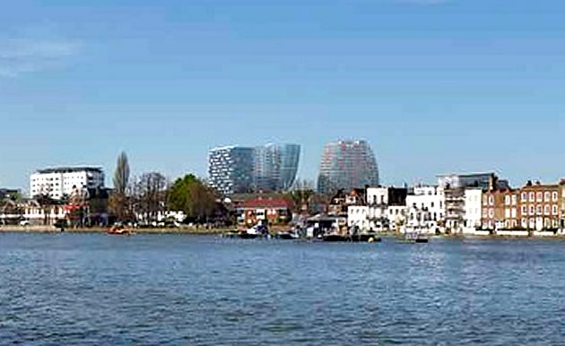 View over Strand on the Green showing new buildings in the background 