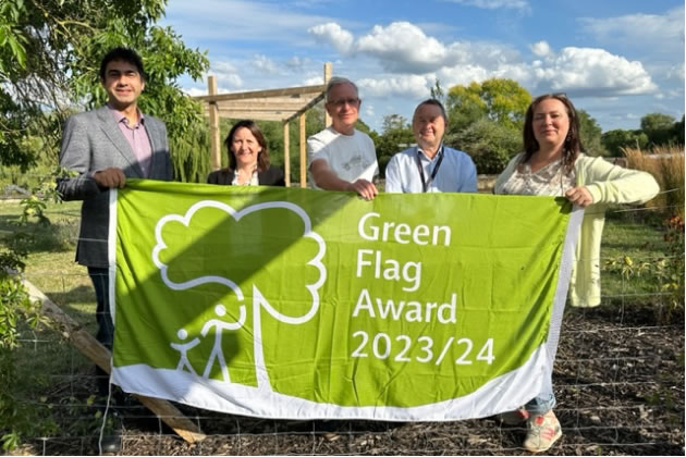 Watermans Park yesterday afternoon: Cllr Salman Shaheen (Recreation, Public Spaces & Parking), Gaye Galvin (Head of Parks Development and Green Infrastructure), Philip Jones (Friends of Watermans Park), James Buchan (GreenSpace360), Kal Watrobski (Friends of Watermans Park)