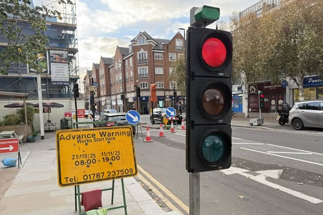 Temporary contra-flow traffic lights on the High Street.
