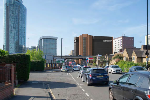 A visualisation the scheme from the developer's application showing the building from north of the A4/M4 