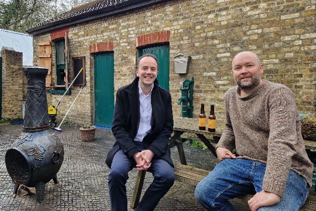 James Murray with Perivale Brewery Chief Brewer, Mike Siddell, in the courtyard of the brewery