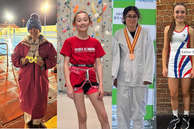 From left to right: Alex (year 13) selected for ICE swimming, Hannah (Year 7) selected for the UK Climbing Team, Baani (Year 9) representing Great Britain in Mixed Martial Arts and Erin (Year 10) selected for the French Netball team.
