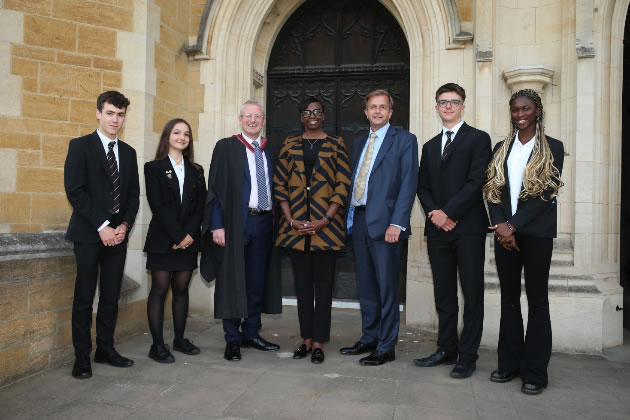Donna Fraser with St Benedict's Headmaster, Chair of Governors and Heads of School.