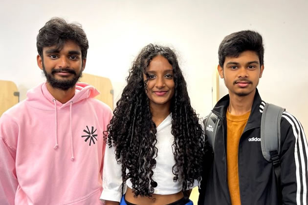 Villiers High School students Ardhana (middle) with Jaidev and friend