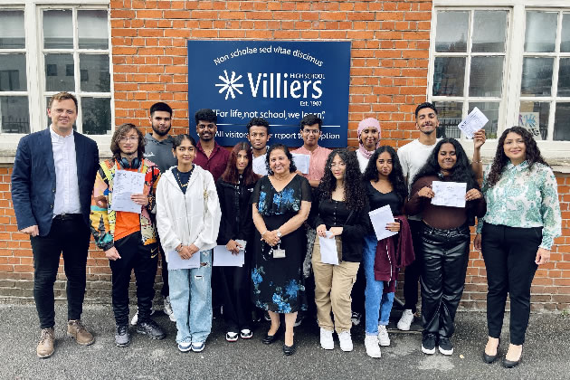 Villiers students with Councillor Peter Mason, Councillor Kamaljit Nagpal and Headteacher Aruna Sharma 