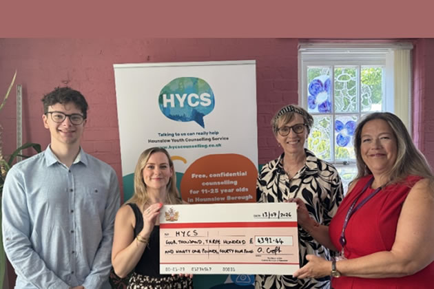 Accepting a fundraising cheque for HYCS. Left to right:, Seth Ashby-Hawkins – HYCS’ Youth Ambassador, Maria David – HYCS’ Service Manager, Gill Young – HYCS Senior Counsellor & Comm’s Manager with Hounslow Borough’s Past Mayor Croft