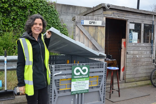 Cllr Deirdre Costigan with the Terracycle deposit bin at Greenford 