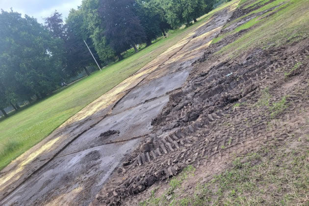 Damaged to grassed areas of the park caused by heavy vehicles 