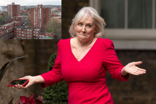 Nadine Dorries with inset of Acton tower blocks used during filming 