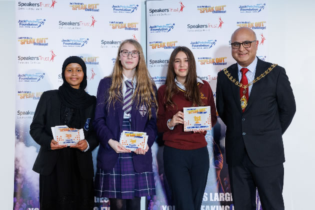 L to R: Third place Abshiro Yusuf, Runner-Up Izabela Evans, Regional Winner Zara Wallace, and Mayor of Ealing, Cllr Hitesh Tailor. Picture: Gabriel Nita