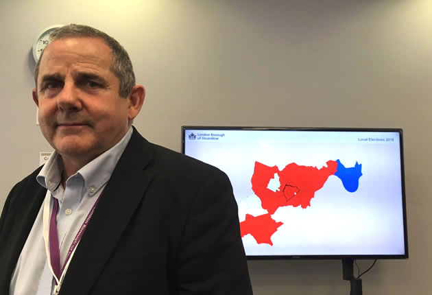 Hounslow Council leader Steve Curran in front of political map of the borough 