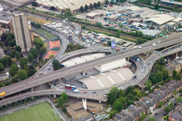 An aerial view of a roundabout on the Westway